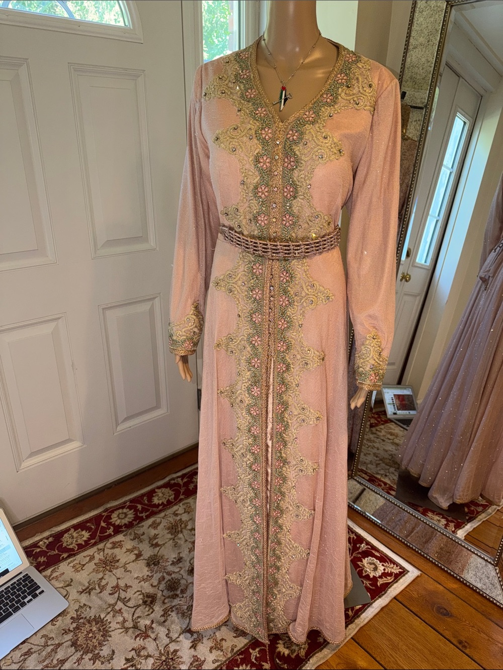 Embroidered Pink Maxi Dress with Gold Accents